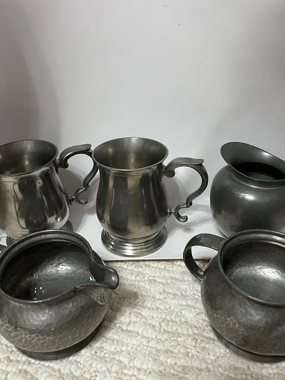 Classic 5 piece Pewter Mug and Creamer Set - Silver Toned